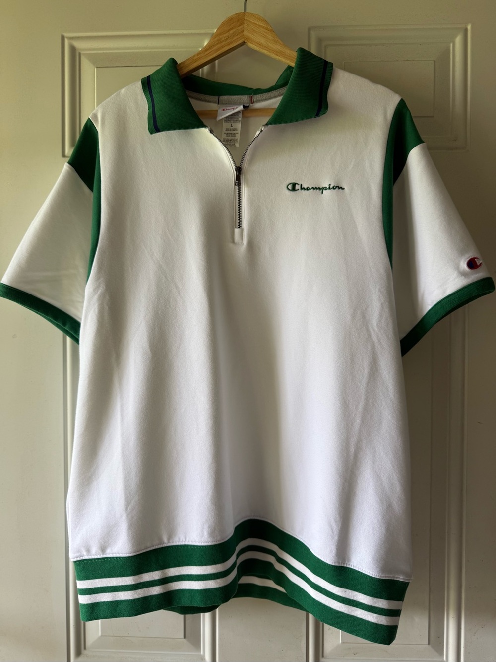 🎯50% OFF! Champion Men’s White & Green Half-Zip Polo Shirt